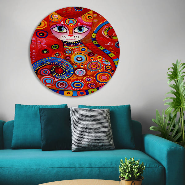 Kleurrijk abstract schilderij van een kat aluminium muurcirkel