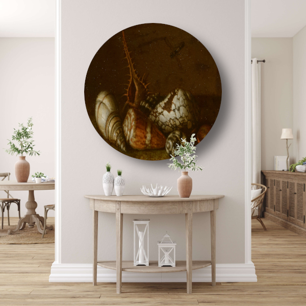Schelpen op een tafel - Balthasar van der Ast aluminium muurcirkel