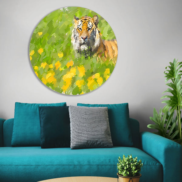 Prachtig schilderij van tijger in bloemenveld forex muurcirkel