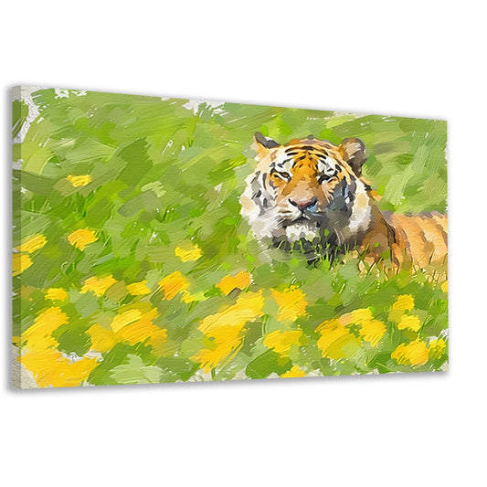 Prachtig schilderij van tijger in bloemenveld canvas