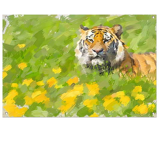 Prachtig schilderij van tijger in bloemenveld tuinposter