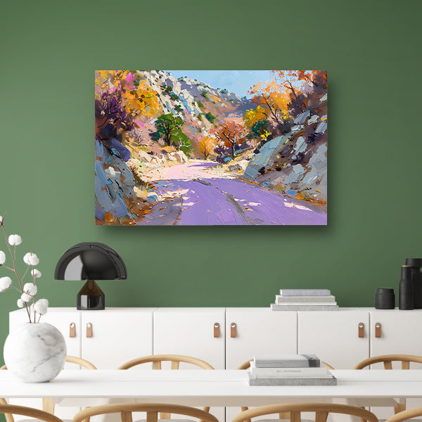 Kleurrijk herfstlandschap met kronkelende weg canvas met baklijst