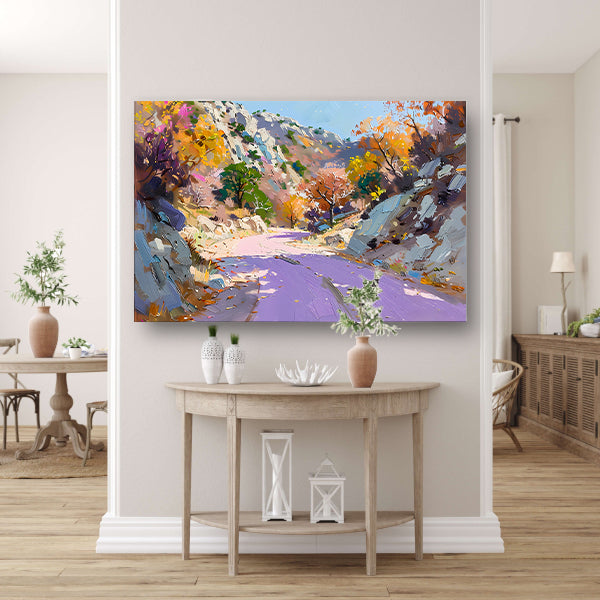 Kleurrijk herfstlandschap met kronkelende weg canvas met baklijst