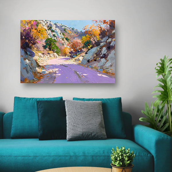 Kleurrijk herfstlandschap met kronkelende weg canvas met baklijst