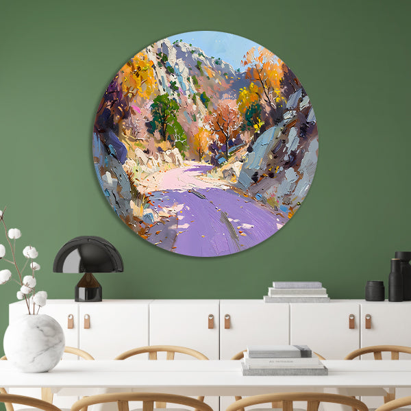 Kleurrijk herfstlandschap met kronkelende weg forex muurcirkel