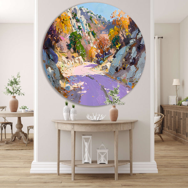 Kleurrijk herfstlandschap met kronkelende weg forex muurcirkel