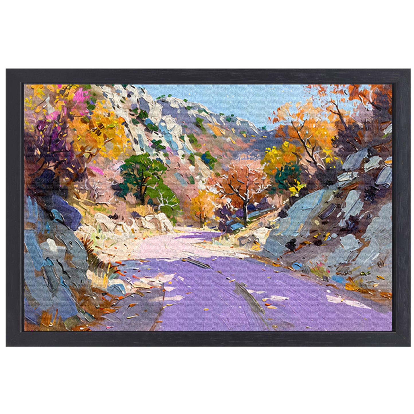 Kleurrijk herfstlandschap met kronkelende weg canvas met baklijst