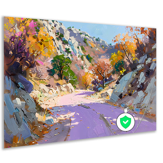 Kleurrijk herfstlandschap met kronkelende weg poster