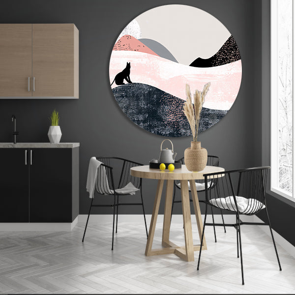 Minimalistisch kunstwerk van kat in abstract landschap aluminium muurcirkel