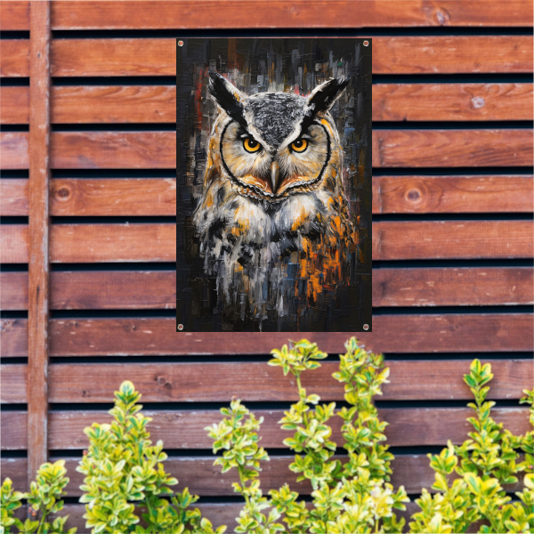 Uil met Oranje Ogen op Abstracte Achtergrond tuinposter