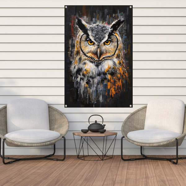 Uil met Oranje Ogen op Abstracte Achtergrond tuinposter