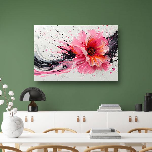Dynamische abstracte bloem met verfspatten canvas