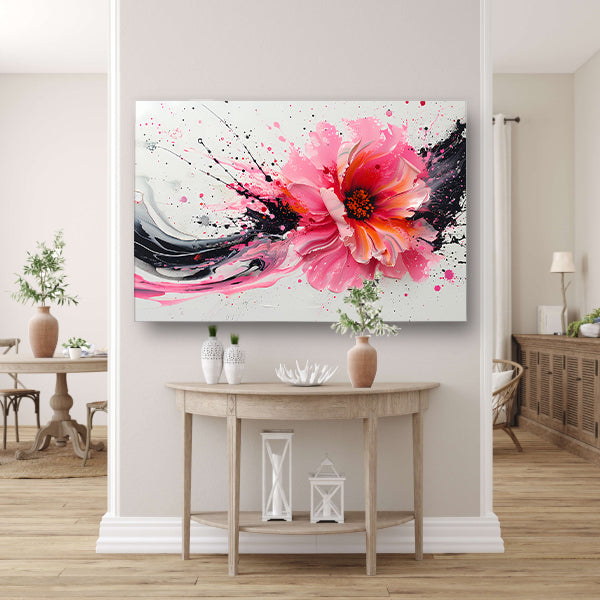 Dynamische abstracte bloem met verfspatten canvas