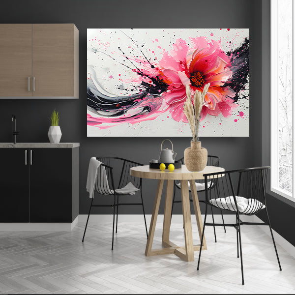 Dynamische abstracte bloem met verfspatten canvas