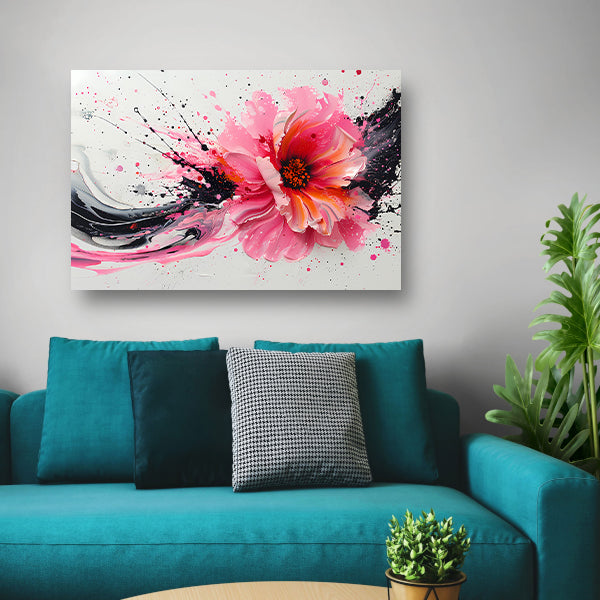 Dynamische abstracte bloem met verfspatten canvas