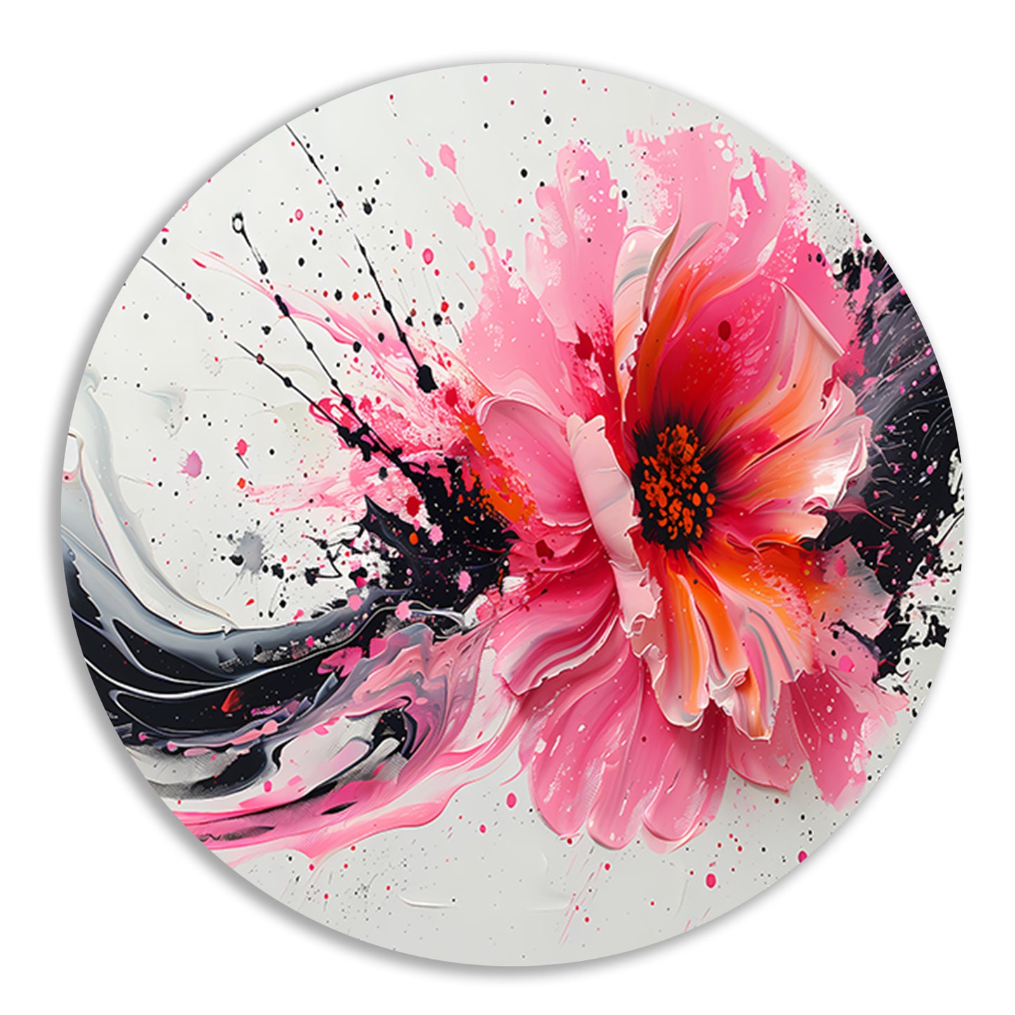 Dynamische abstracte bloem met verfspatten aluminium muurcirkel