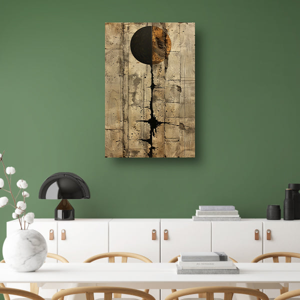 Abstract met zwarte cirkel en gouden barsten canvas met baklijst