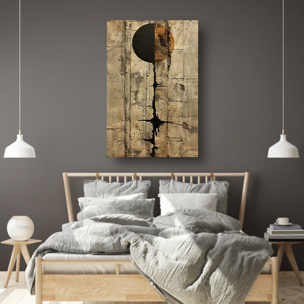 Abstract met zwarte cirkel en gouden barsten canvas met baklijst