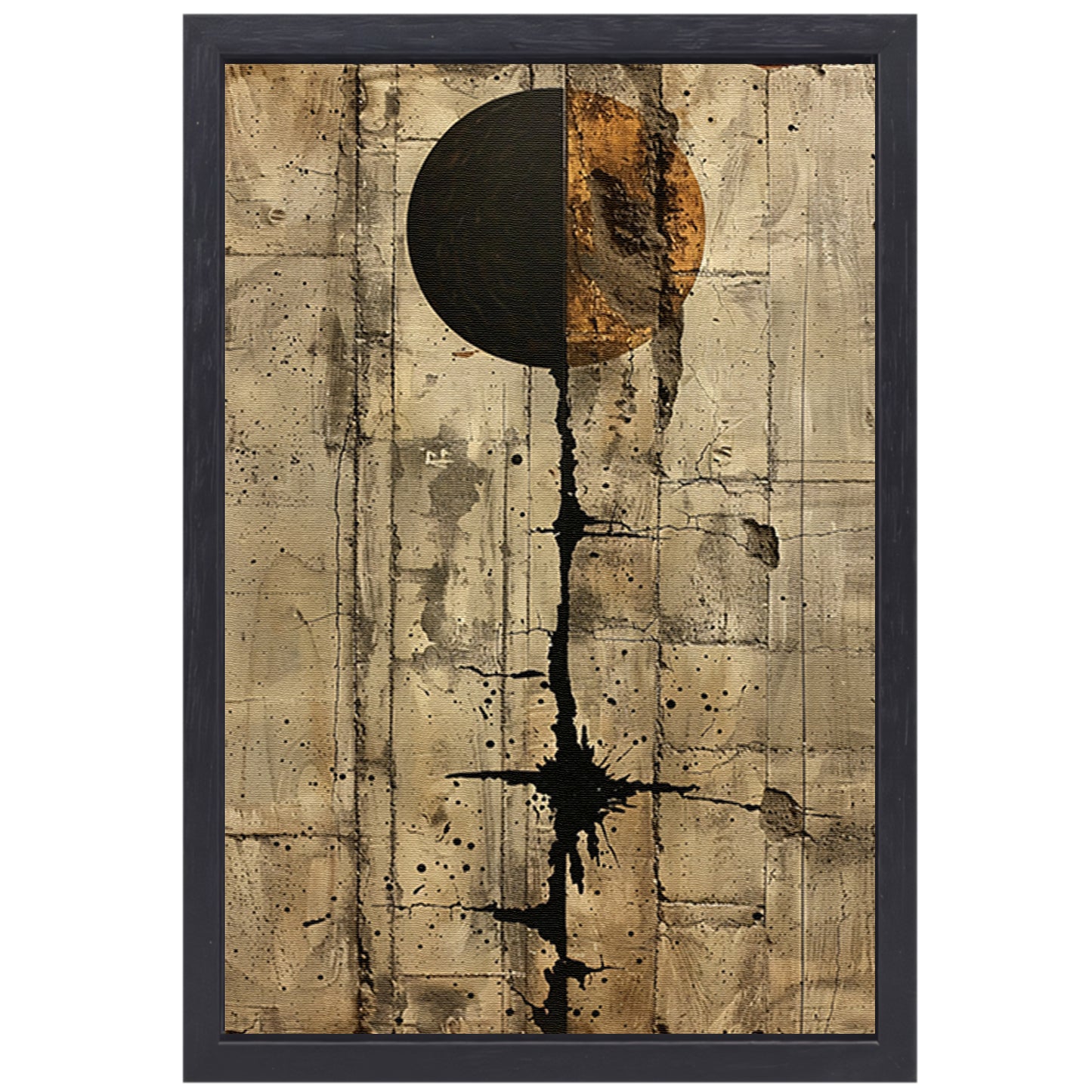 Abstract met zwarte cirkel en gouden barsten canvas met baklijst