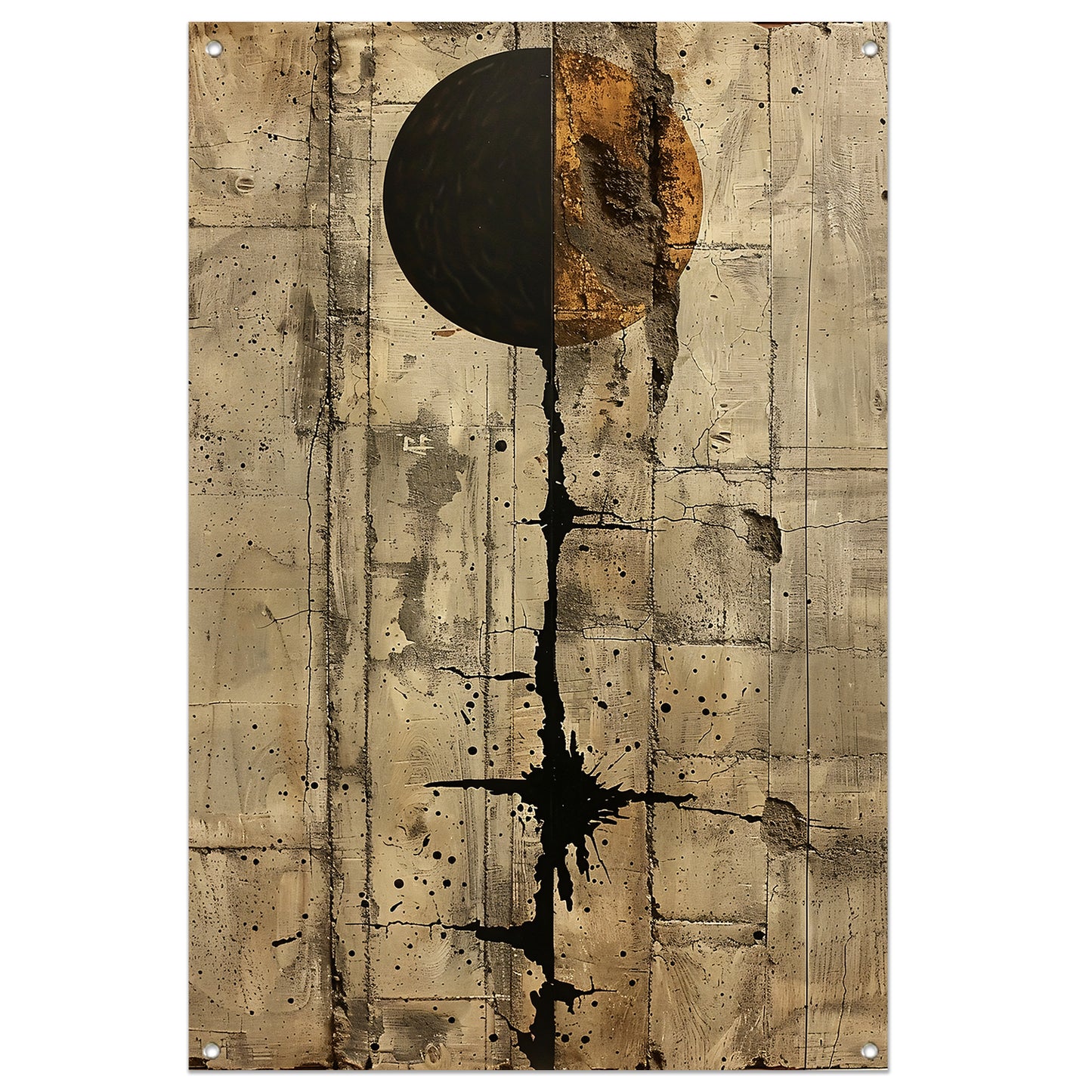 Abstract met zwarte cirkel en gouden barsten tuinposter