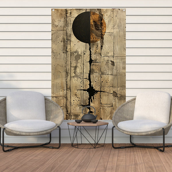 Abstract met zwarte cirkel en gouden barsten tuinposter