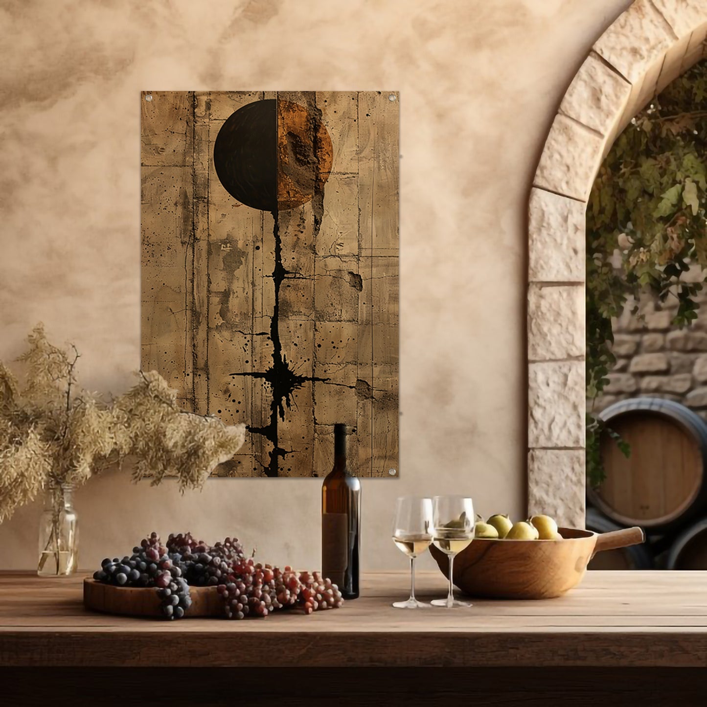 Abstract met zwarte cirkel en gouden barsten tuinposter