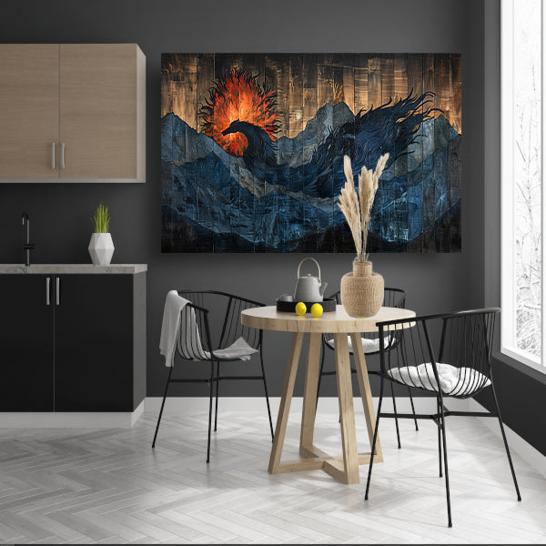 Mystieke vogel in vurige berglandschappen poster