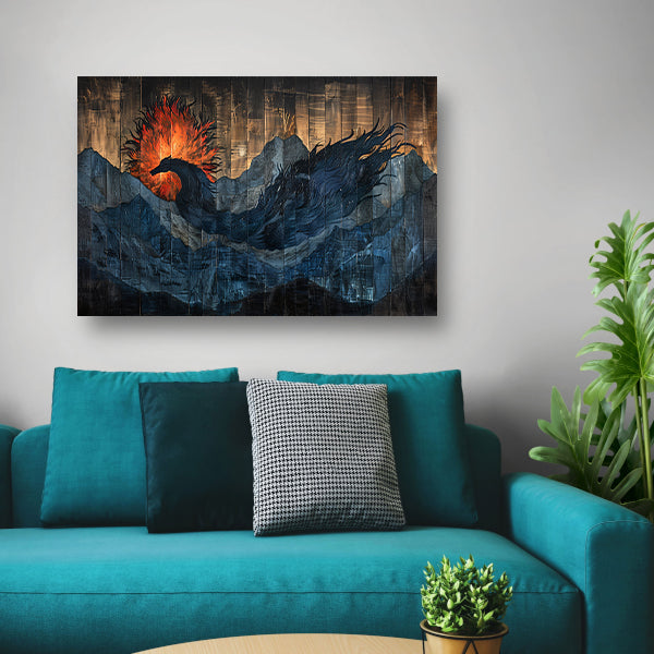 Mystieke vogel in vurige berglandschappen poster