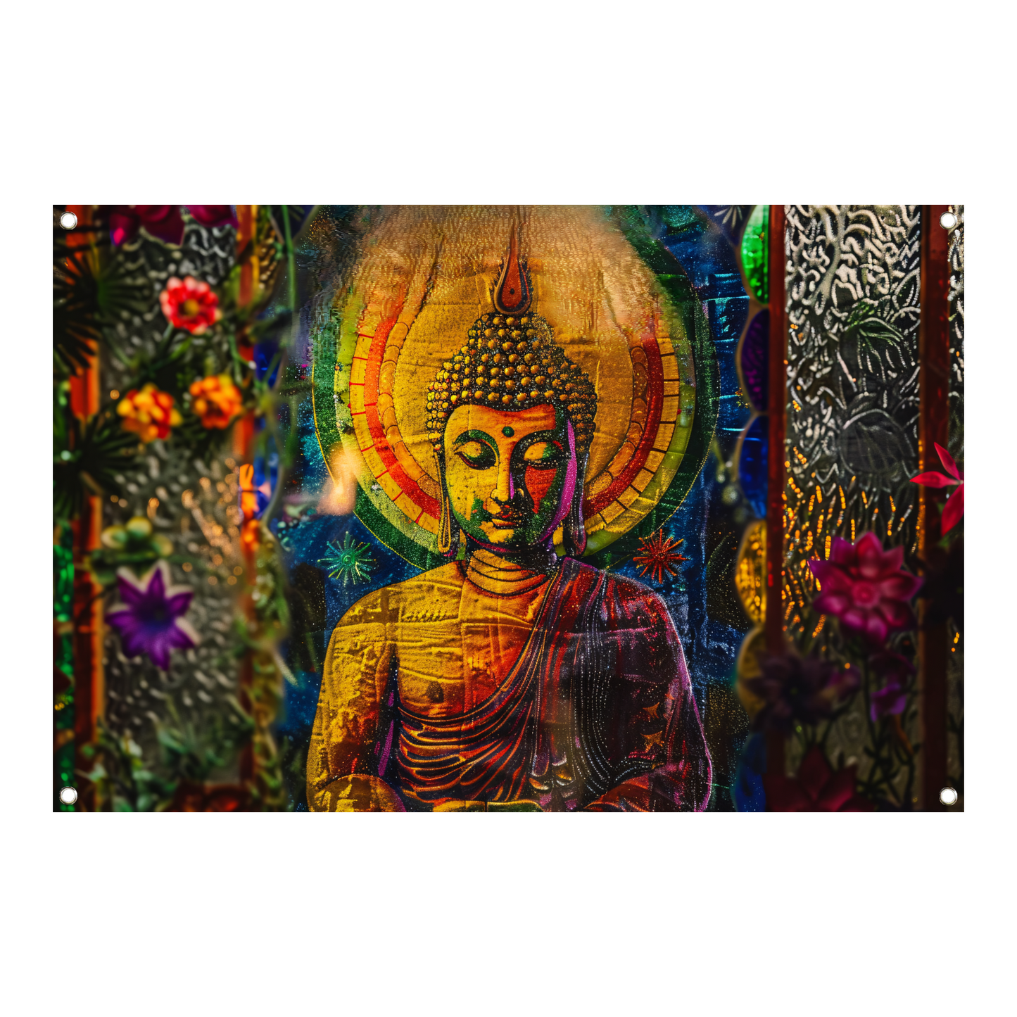 Boeddha in Kleurrijk Kosmisch Licht tuinposter