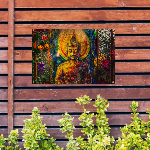 Boeddha in Kleurrijk Kosmisch Licht tuinposter
