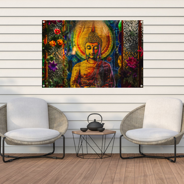 Boeddha in Kleurrijk Kosmisch Licht tuinposter