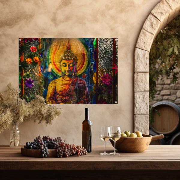 Boeddha in Kleurrijk Kosmisch Licht tuinposter