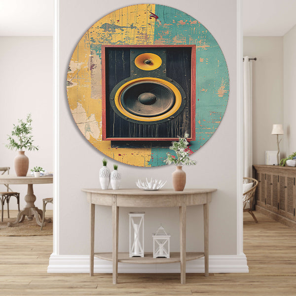 Vintage Speaker op Verweerde Muur aluminium muurcirkel