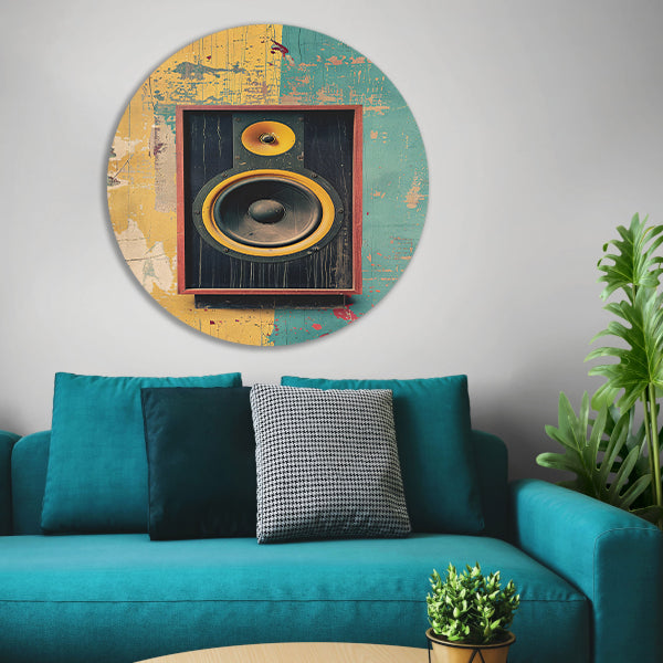 Vintage Speaker op Verweerde Muur aluminium muurcirkel