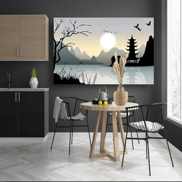 Silhouet Olifant bij Pagoda canvas