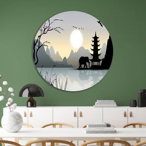 Silhouet Olifant bij Pagoda forex muurcirkel