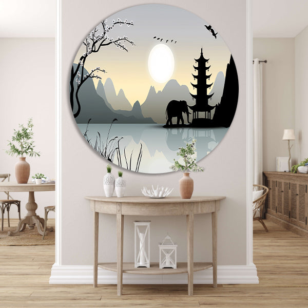Silhouet Olifant bij Pagoda forex muurcirkel