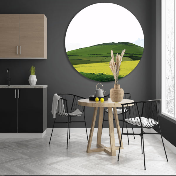 Minimalistisch groen heuvelachtig landschap schilderij aluminium muurcirkel