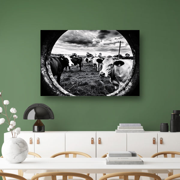 Nieuwsgierige koeien in zwart-wit weiland canvas