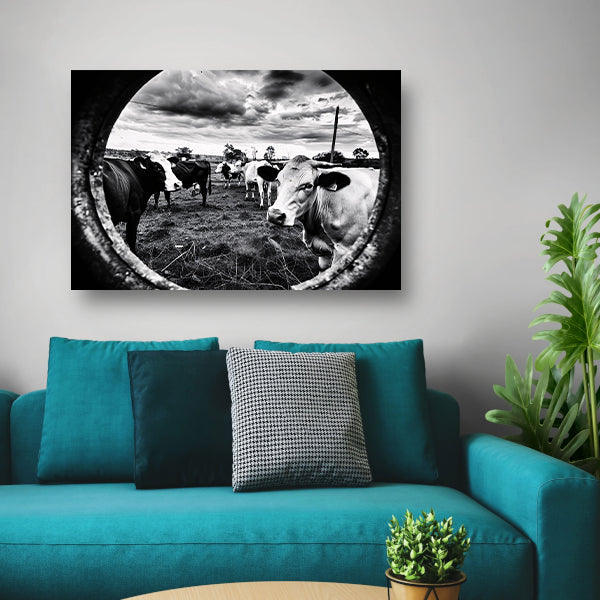 Nieuwsgierige koeien in zwart-wit weiland canvas