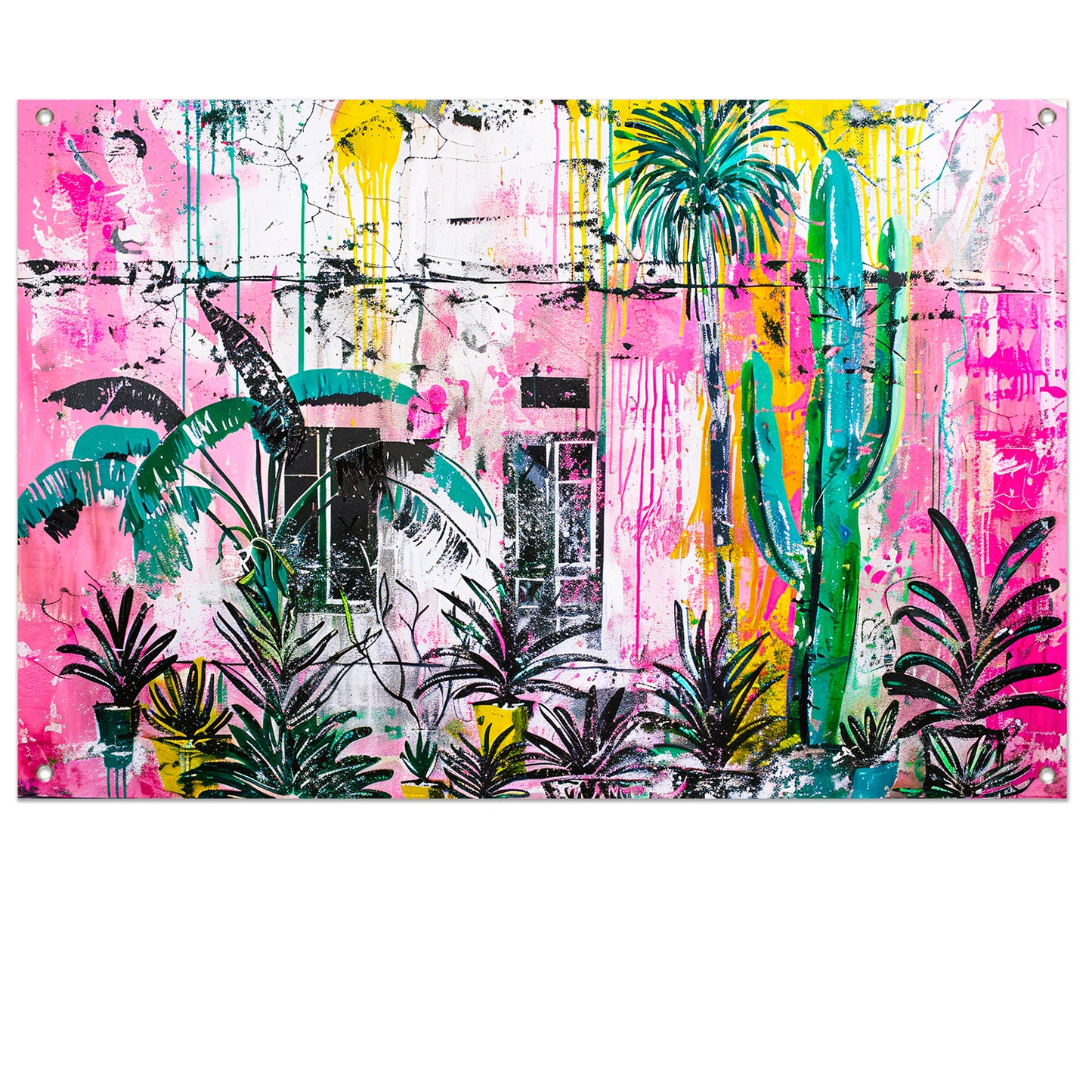 Kleurrijke abstracte muurschildering met planten tuinposter