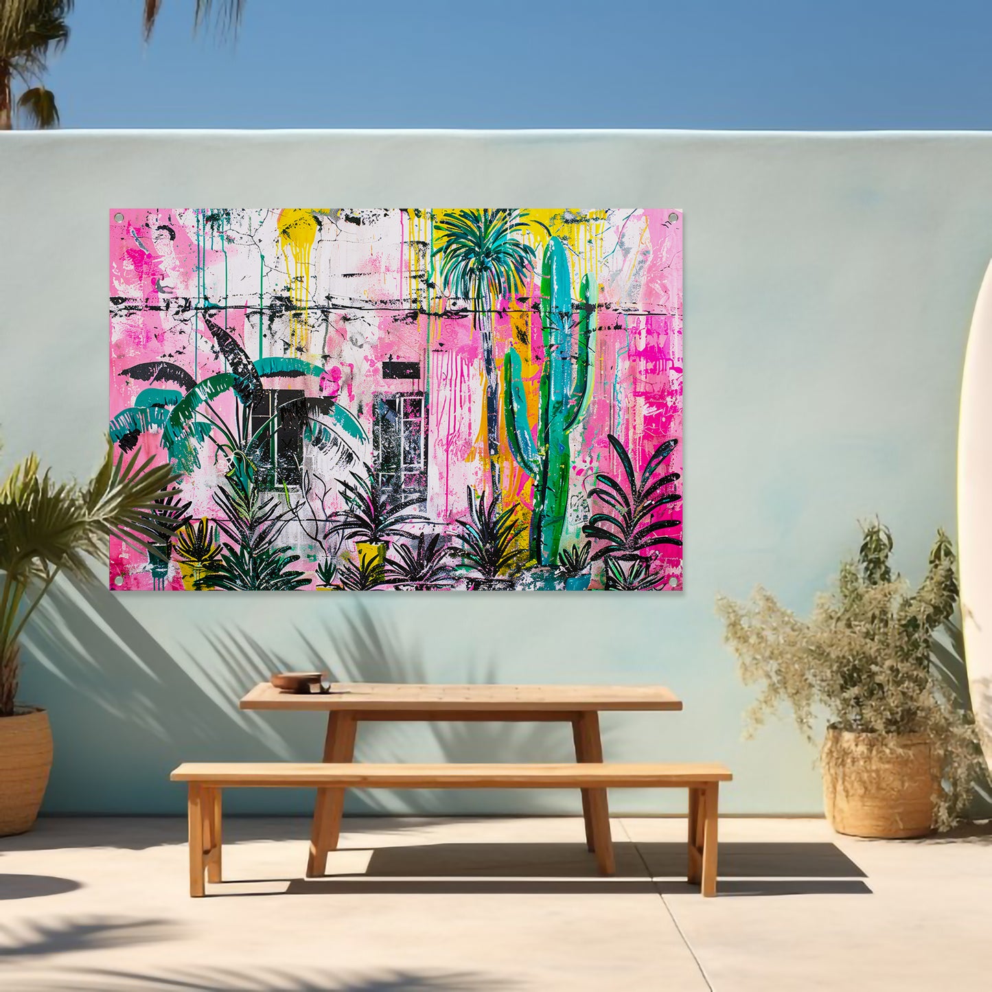 Kleurrijke abstracte muurschildering met planten tuinposter