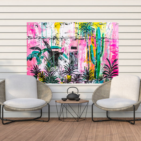 Kleurrijke abstracte muurschildering met planten tuinposter