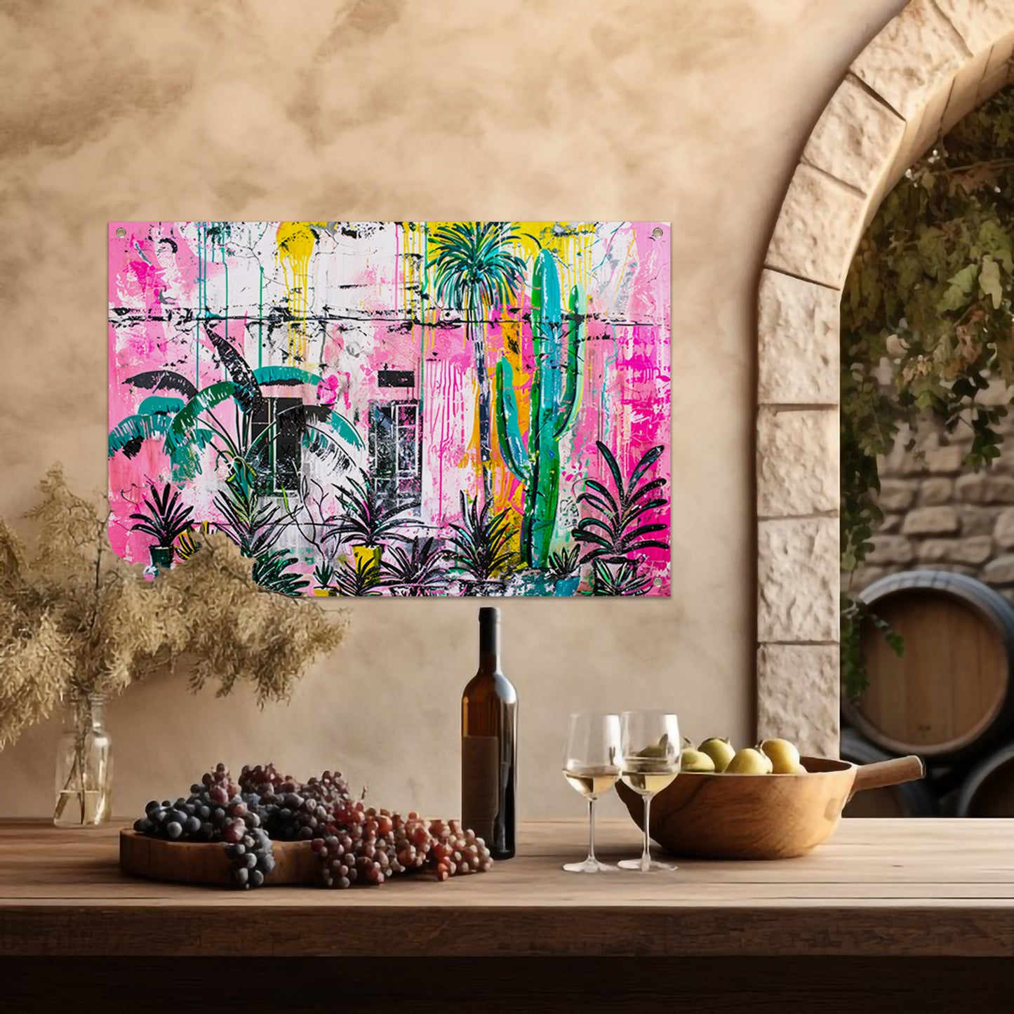 Kleurrijke abstracte muurschildering met planten tuinposter