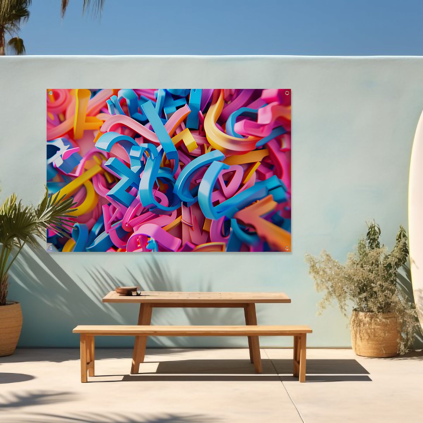 Kleurrijke 3D typografie met abstracte letters tuinposter