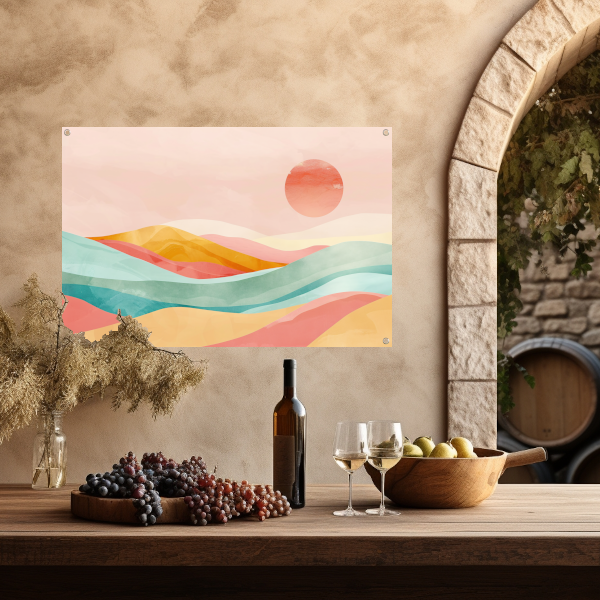 Abstracte pastelkleuren landschap met glooiende heuvels tuinposter