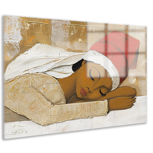 Slapende vrouw met rode hoed schilderij acrylglas