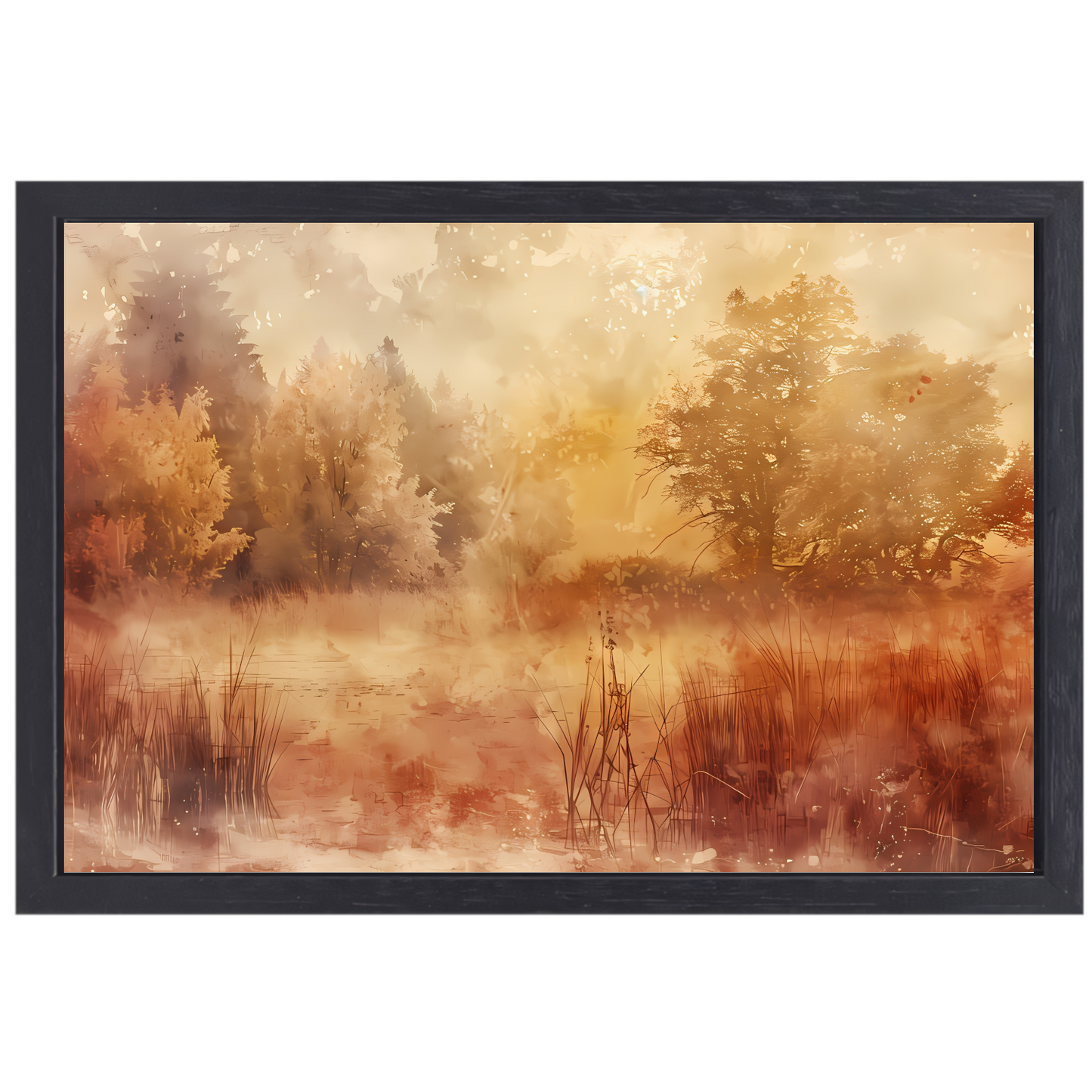 Nevelig sepia boslandschap in herfstsfeer canvas met baklijst