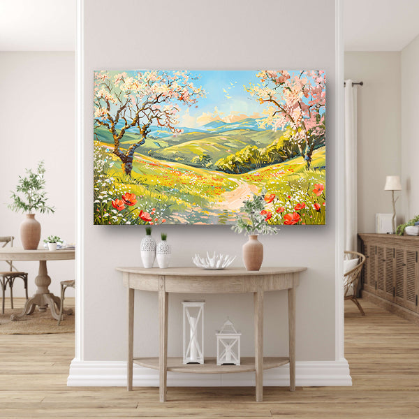 Schilderachtig lentelandschap met bloesembomen poster