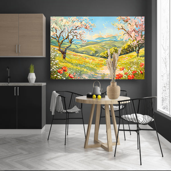 Schilderachtig lentelandschap met bloesembomen poster
